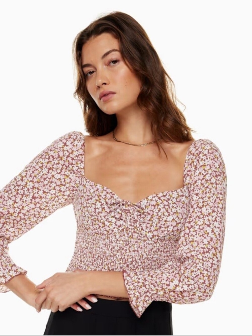 Sunday Best Pink Floral Square-Neck Smocked Crop Top [S]
